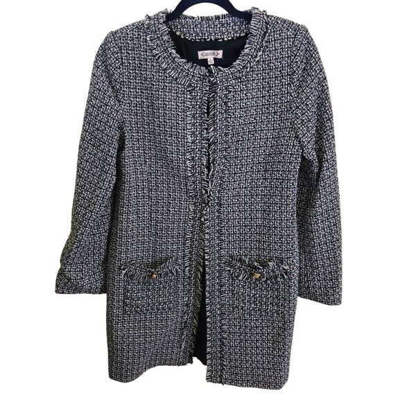 Nanette Lepore Tweed Frayed Blazer In Very Black Lady Jacket Pearl Button Size M - Picture 2 of 9